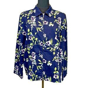 Chico's‎ Women's Jacket Size 2 (L 12) Floral Poplin Cotton Zip-Up Layer Blazer